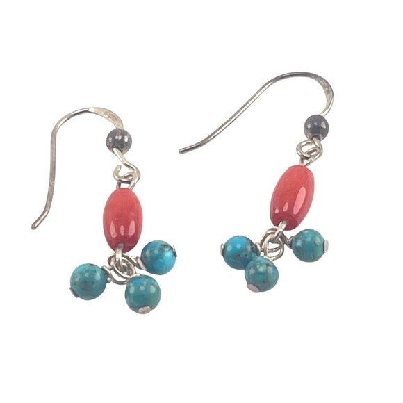 Handcrafted Silver Hook Earrings With Red & Turquoise Beads Boho - Picture 1 of 6